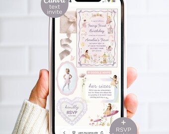 Fairy First Birthday Invitation for Text, Editable Enchanted Garden Canva Website Invite, 1st Bday Photo Evite
