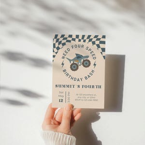 May include: A birthday party invitation with a monster truck graphic and the text "Need Four Speed Birthday Bash". The invitation includes the date, time, and RSVP information. The design features a checkered flag pattern and a shark-shaped vehicle.