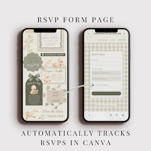 May include: Two smartphones displaying a baby shower RSVP form. The left phone shows registry and raffle details with duck illustrations. The right phone displays the RSVP form with fields for name and attendance. Text includes "RSVP Form Page" and "Automatically Tracks RSVPs in Canva."