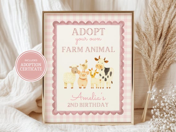 Adopt A Farm Animal Sign | Adoption Certificate Farm Sign | Kids Barn Favor | Baby Shower Favor | Canva Editable Digital Download | b6q4