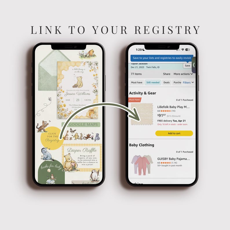 May include: Two smartphones displaying a baby registry and related items. One screen shows a baby shower invitation with Winnie the Pooh graphics. The other shows a registry with baby clothing and gear. Text reads "LINK TO YOUR REGISTRY".