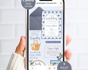 Digital Berry Sweet Boy Baby Shower Invitation with RSVP & Registry Links, Text Blueberry Theme Canva Invite