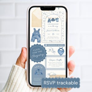 May include: A smartphone displays a baby shower invitation with a blue jean theme. The invitation includes text that reads "A BLUE JEAN BABY is on the way." Additional elements include a diaper raffle, registry information, and RSVP tracking.