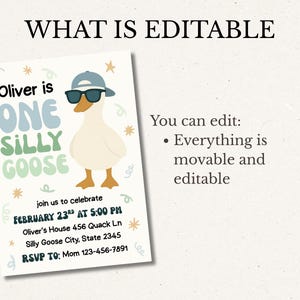 May include: A light-colored invitation card with the text "Oliver is ONE SILLY GOOSE" and a cartoon goose wearing sunglasses and a hat. The card includes event details and the phrase "What is Editable".