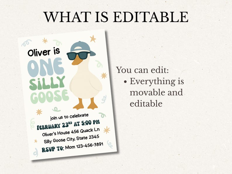 May include: A light-colored invitation card with the text "Oliver is ONE SILLY GOOSE" and a cartoon goose wearing sunglasses and a hat. The card includes event details and the phrase "What is Editable".