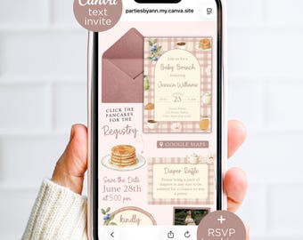 Digital Pink Baby Brunch Baby Shower Invitation with RSVP & Registry Links, Breakfast Canva Template Text Invite