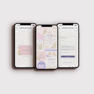 May include: Three smartphones displaying a baby shower invitation. The central phone shows a floral design with butterflies and the text "Our Little Butterfly is on Her Way." The other phones show RSVP and invitation details.