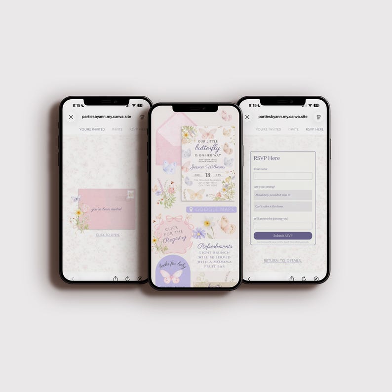 May include: Three smartphones displaying a baby shower invitation. The central phone shows a floral design with butterflies and the text "Our Little Butterfly is on Her Way." The other phones show RSVP and invitation details.