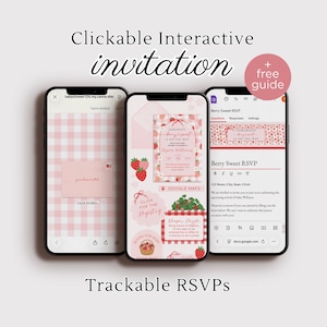 Puede incluir: Tres smartphones que muestran una invitación a un baby shower con temática de fresas. El texto incluye "Clickable Interactive invitation" y "Trackable RSVPs". La invitación presenta colores rosa y rojo.