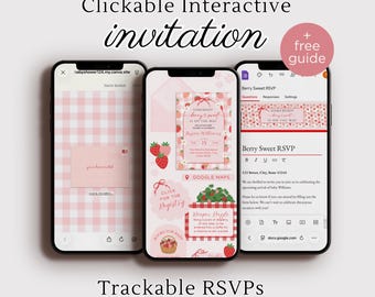 Plantilla digital de invitación para baby shower con temática de fresas y formulario de confirmación de asistencia, baby shower rosa editable, invitación dulce con temática de fresas para descargar en Canva.