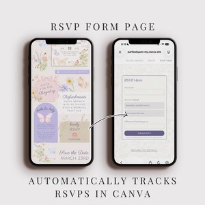 May include: Two smartphones showing RSVP forms. One features floral and butterfly designs, the other a digital RSVP form. Text includes "RSVP Form Page," "Click for the Registry," and "Save the Date March 23rd."