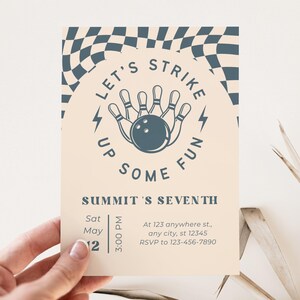May include: Bowling-themed invitation with the text "LET'S STRIKE UP SOME FUN" and "SUMMIT'S SEVENTH". The design features a bowling ball and pins, with a checkered pattern at the top. The invitation includes date, time, and RSVP information.