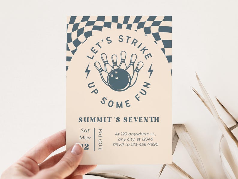 May include: Bowling-themed invitation with the text "LET'S STRIKE UP SOME FUN" and "SUMMIT'S SEVENTH". The design features a bowling ball and pins, with a checkered pattern at the top. The invitation includes date, time, and RSVP information.