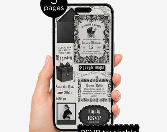 Digital Halloween Goth Baby Shower Invitation with RSVP & Registry Links, Spooky Gothic Canva Text Invite