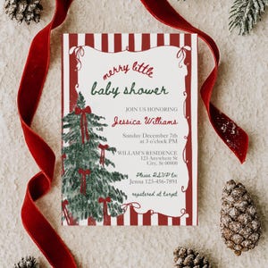 May include: A rectangular baby shower invitation card featuring a red and white vertical striped border, a watercolor illustration of a green Christmas tree with red bows, and text that reads merry little baby shower, Jessica Williams, and event details.