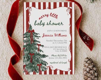 May include: A rectangular baby shower invitation card featuring a red and white striped border, a watercolor Christmas tree with red bows, and text reading merry little baby shower, Jessica Williams, Sunday December 7th at 3 o'clock PM.