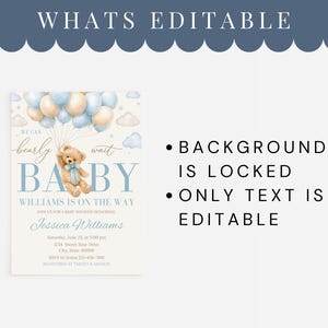 Puede incluir: Invitaci&oacute;n para baby shower con un osito de peluche sosteniendo globos. La invitaci&oacute;n presenta el texto "We can bearly wait BABY" en azul y beige. Tambi&eacute;n incluye el texto "WILLIAMS IS ON THE WAY".