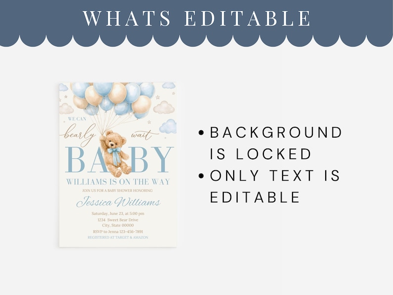 Puede incluir: Invitaci&oacute;n para baby shower con un osito de peluche sosteniendo globos. La invitaci&oacute;n presenta el texto "We can bearly wait BABY" en azul y beige. Tambi&eacute;n incluye el texto "WILLIAMS IS ON THE WAY".