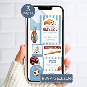 May include: A smartphone displays a digital invitation for Oliver's 1st birthday. The design features sports-themed illustrations, including a football, baseball, and soccer ball. The invitation includes the date, time, and location, with the text "RSVP trackable."