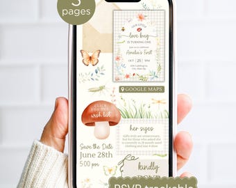 Love Bug Birthday Invitation, Girl Garden Party, Boho Neutral, Any Age (Digital Canva Website)
