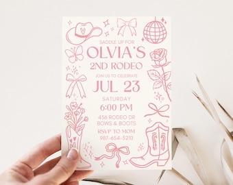 Girl Pink 2nd Rodeo Invitation, Western Second Birthday Invite Wild West Disco Cowgirl, Editable Canva Template Digital Download