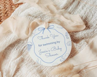 Etiquetas digitales de agradecimiento "Sea You Soon", etiqueta de agradecimiento editable con temática oceánica, plantilla imprimible editable de Canva "Blue Boy Coastal", playa B7J1
