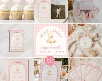 Paquete de baby shower con temática de gansos tontos para niña / Invitación de mamá gansa / Juegos para baby shower / Letreros imprimibles de cuadros rosas / Plantilla editable de Canva, e6w3