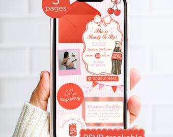 Invitación para baby shower "Girl She's Ready to Pop" con confirmación de asistencia, invitación con temática de refresco rosa, tema de refresco sucio, sitio web moderno en Canva, plantilla editable.