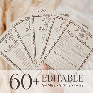 Puede incluir: Un conjunto de tarjetas de juego para baby shower de color beige con bordes festoneados e ilustraciones de lazos. Las tarjetas incluyen indicaciones para predicciones y consejos. El texto "60+ EDITABLE GAMES • SIGNS • TAGS" se muestra en la parte inferior.