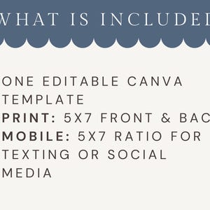 Product inclusion details for a digital invitation template. Features include one editable Canva template, 5x7 inch double-sided print files, and a mobile-friendly 5x7 ratio version for digital sharing and social media.