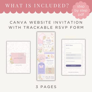 May include: A digital invitation template with a butterfly theme. The design includes a website invitation, a trackable RSVP form, and a step-by-step PDF guide. The invitation features soft pastel colours and floral accents.