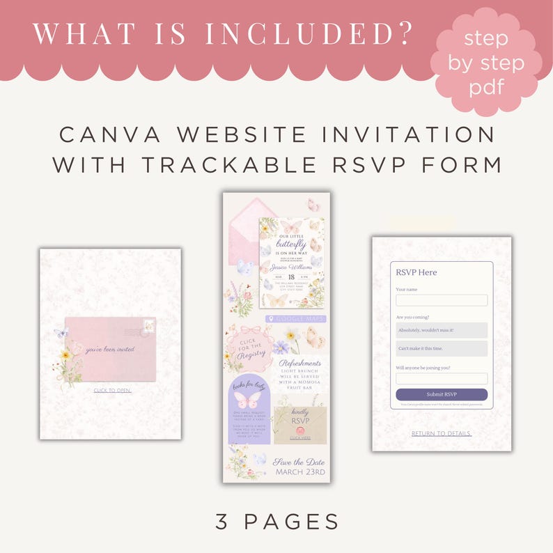May include: A digital invitation template with a butterfly theme. The design includes a website invitation, a trackable RSVP form, and a step-by-step PDF guide. The invitation features soft pastel colours and floral accents.