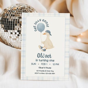 Op de afbeelding: Een lichtblauw en wit geruite verjaardagsuitnodiging met een cartoon gans die een blauwe ballon vasthoudt. De uitnodiging luidt "One Silly Goose" en "Oliver is turning one". Een discobal is op de achtergrond te zien.