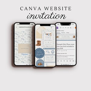 May include: Three smartphones displaying a baby shower invitation. The invitation features a cowboy theme with boots, a hat, and the text "A little cowboy is on the way." The Canva website invitation is shown on the top of the image.