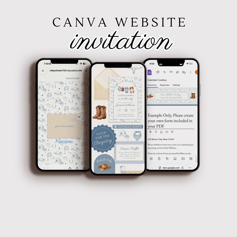 May include: Three smartphones displaying a baby shower invitation. The invitation features a cowboy theme with boots, a hat, and the text "A little cowboy is on the way." The Canva website invitation is shown on the top of the image.