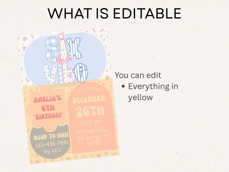 Op de afbeelding: Een verjaardagsuitnodigingsontwerp met de zin "Six is a Vibe". Het ontwerp bevat bewerkbare elementen, zoals de verjaardagsgegevens, datum, tijd en RSVP-informatie. De tekst "What is Editable" staat bovenaan.