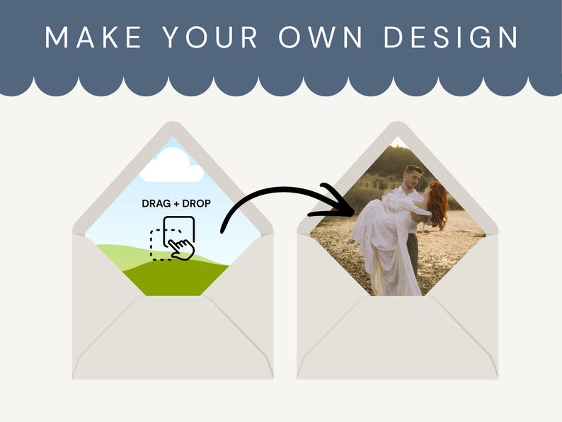 Pu&ograve; includere: Un'immagine che mostra il processo di creazione di un design personalizzato. Il testo "MAKE YOUR OWN DESIGN" &egrave; in alto. L'immagine mostra una busta con un paesaggio e le parole "DRAG + DROP" e un'icona a forma di mano. Una freccia punta a una busta con una coppia.