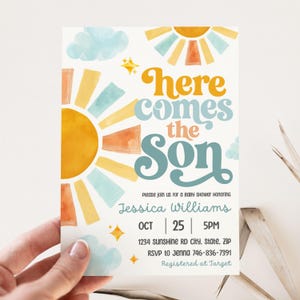 Inbjudan till babyshower med här kommer sonen, solskensinbjudan, pojke boho canvasmall
