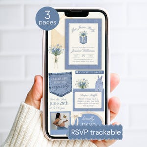 Peut inclure: Un ensemble d'invitations numériques pour une fête prénatale sur le thème du jean bleu avec des motifs floraux. Le design inclut du texte comme Blue Jean Baby, Jessica Williams, Diaper Raffle et RSVP trackable. Trois pages de modèles.