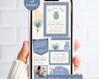 Könnte beinhalten: Ein digitales Einladungsset für eine Babyparty mit blauem Jeans-Thema und Blumenakzenten. Das Design enthält Text wie Blue Jean Baby, Jessica Williams, Diaper Raffle und RSVP trackable. Das Layout zeigt drei Seiten mit Vorlagen.