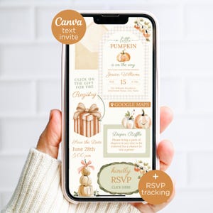 Invito digitale per baby shower a tema zucca autunnale, modello Canva modificabile (invito testuale)