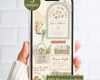 Invitación digital para baby shower con temática de mercado de agricultores, con confirmación de asistencia y lista de regalos, invitación para baby shower con productos locales, diseño editable de Canva con estampado de cuadros verdes y temática de jardinería.
