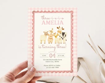 Pink Farm Geburtstagseinladung Drei-I-E-I-O 3.Geburtstag einladen, Barnyard Girl Party, Bauernhof Tier Party druckbare, bearbeitbare Vorlage, Canva