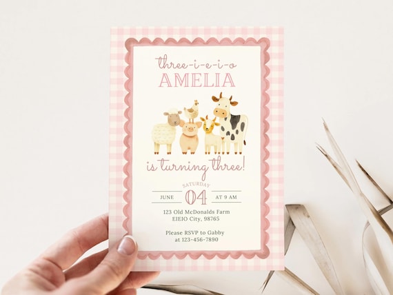 Pink Farm Birthday Invitation Three-I-E-I-O 3rd Birthday Invite, Barnyard Girl Party, Farm Animal Party Printable, Editable Template, Canva