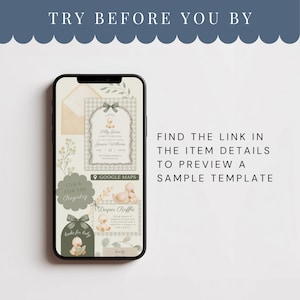 May include: A smartphone displays a baby shower invitation template with a duck theme. The design includes a gingham pattern, floral accents, and the text "Try Before You Buy." Additional elements include a registry button and diaper raffle details.
