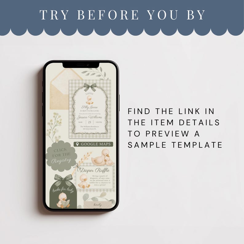 May include: A smartphone displays a baby shower invitation template with a duck theme. The design includes a gingham pattern, floral accents, and the text "Try Before You Buy." Additional elements include a registry button and diaper raffle details.
