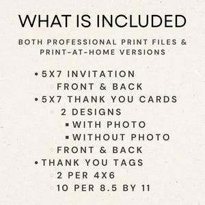 May include: Text on a cream-colored background lists what's included: 5x7 invitations (front & back), 5x7 thank you cards (2 designs, with and without photo, front & back), and thank you tags (2 per 4x6, 10 per 8.5 by 11).