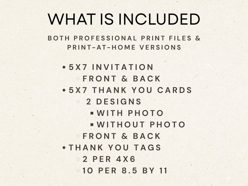 May include: Text on a cream-colored background lists what's included: 5x7 invitations (front & back), 5x7 thank you cards (2 designs, with and without photo, front & back), and thank you tags (2 per 4x6, 10 per 8.5 by 11).