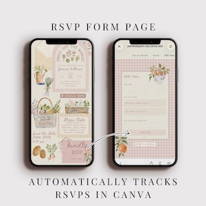 May include: Two smartphones displaying a digital RSVP form page with a light pink gingham background. The screens feature watercolor illustrations of vegetables, a basket, and text including RSVP Here, Dress Code, and Google Maps links.