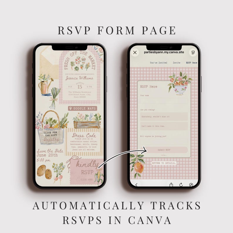 May include: Two smartphones displaying a digital RSVP form page with a light pink gingham background. The screens feature watercolor illustrations of vegetables, a basket, and text including RSVP Here, Dress Code, and Google Maps links.
